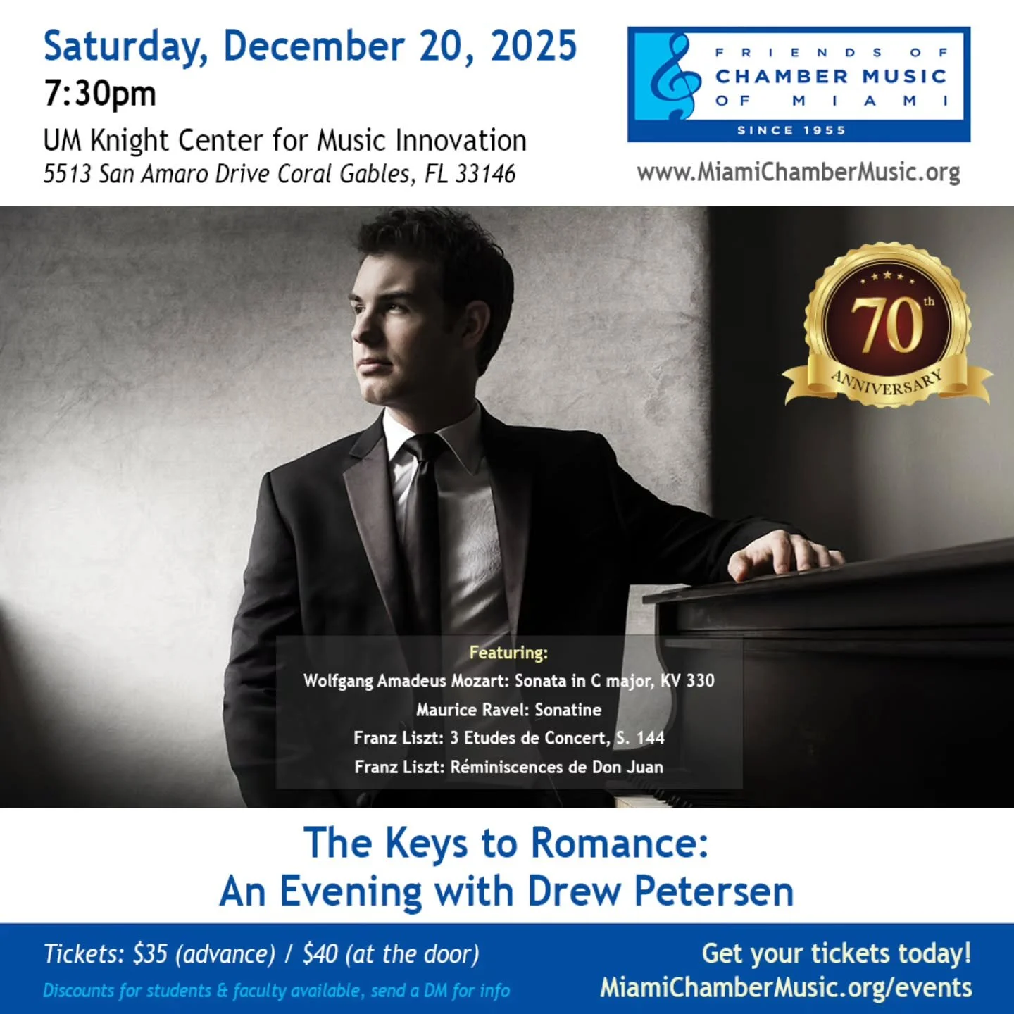 FOCM returns to the U on December 20! Kick off the holidays with a wondrous evening of beautiful piano music in an amazing venue.

The Keys to Romance: An Evening with Pianist Drew Petersen (@DrewPetersenpiano)

Venue: UM Knight Center for Music Inno