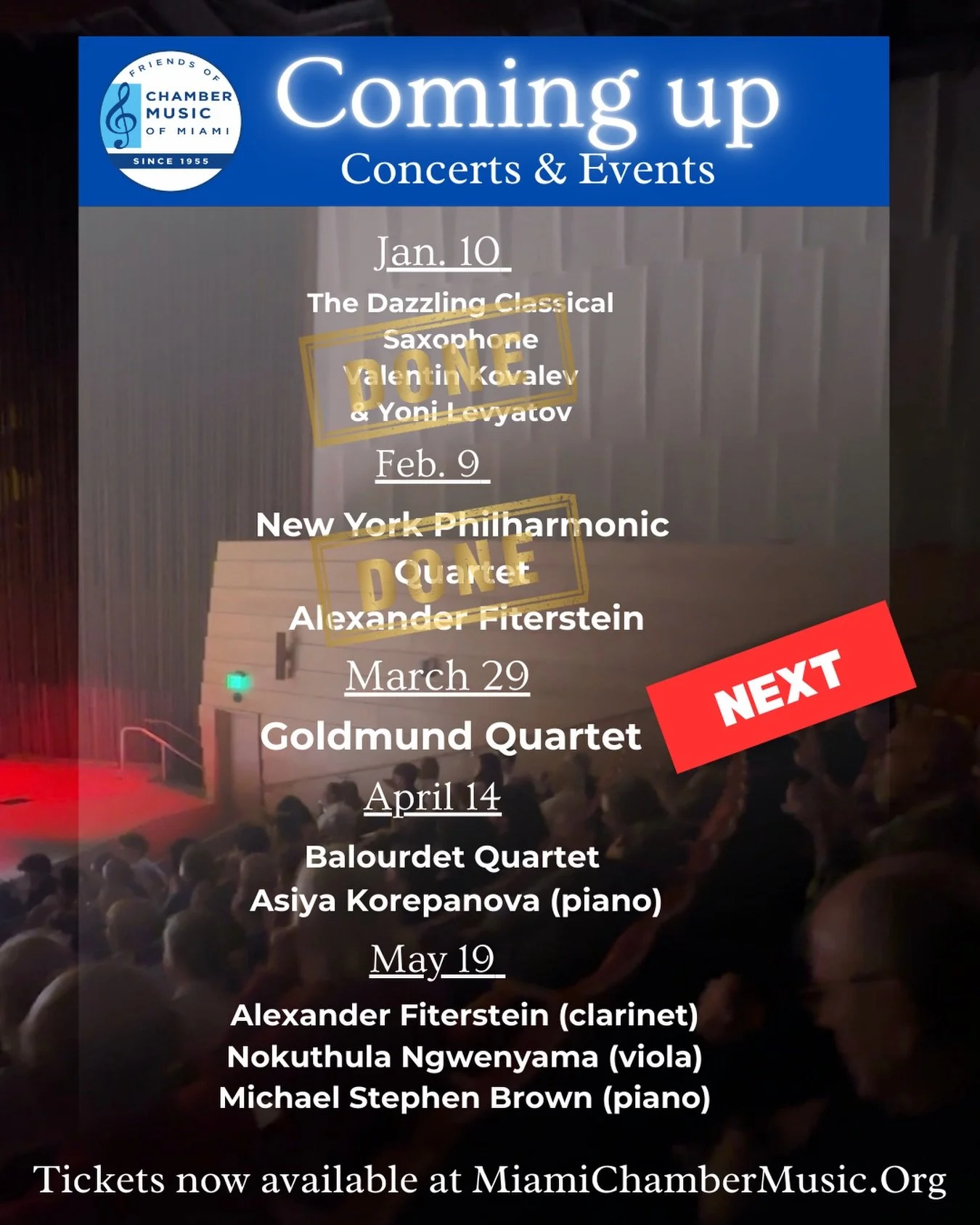 &ldquo;Coming up next&hellip; Goldmund Quartet 🎻

An evening of incredible chamber music and story telling with Goldmund Quartet

Join us in Miami on March 29, 2026 at4:00 PM

📍Bet Shira Congregation 

🎟️ Tickets are available at the link in our b
