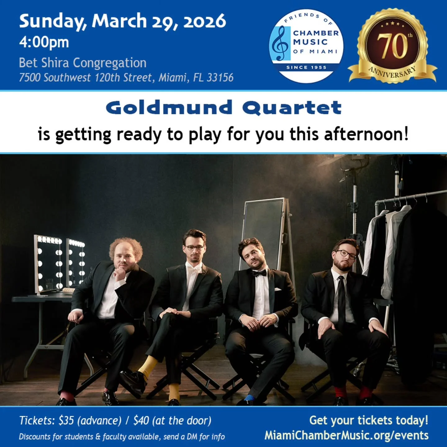 The Goldmund Quartet (@goldmundquartet) is getting ready for their debut concert in Miami this afternoon.  Join us at 4pm at Bet Shira (@betshira) in Pinecrest (Miami), Florida.

#miamiweekend #MiamiMusic #miamimusicscene #southfloridaevents #miami