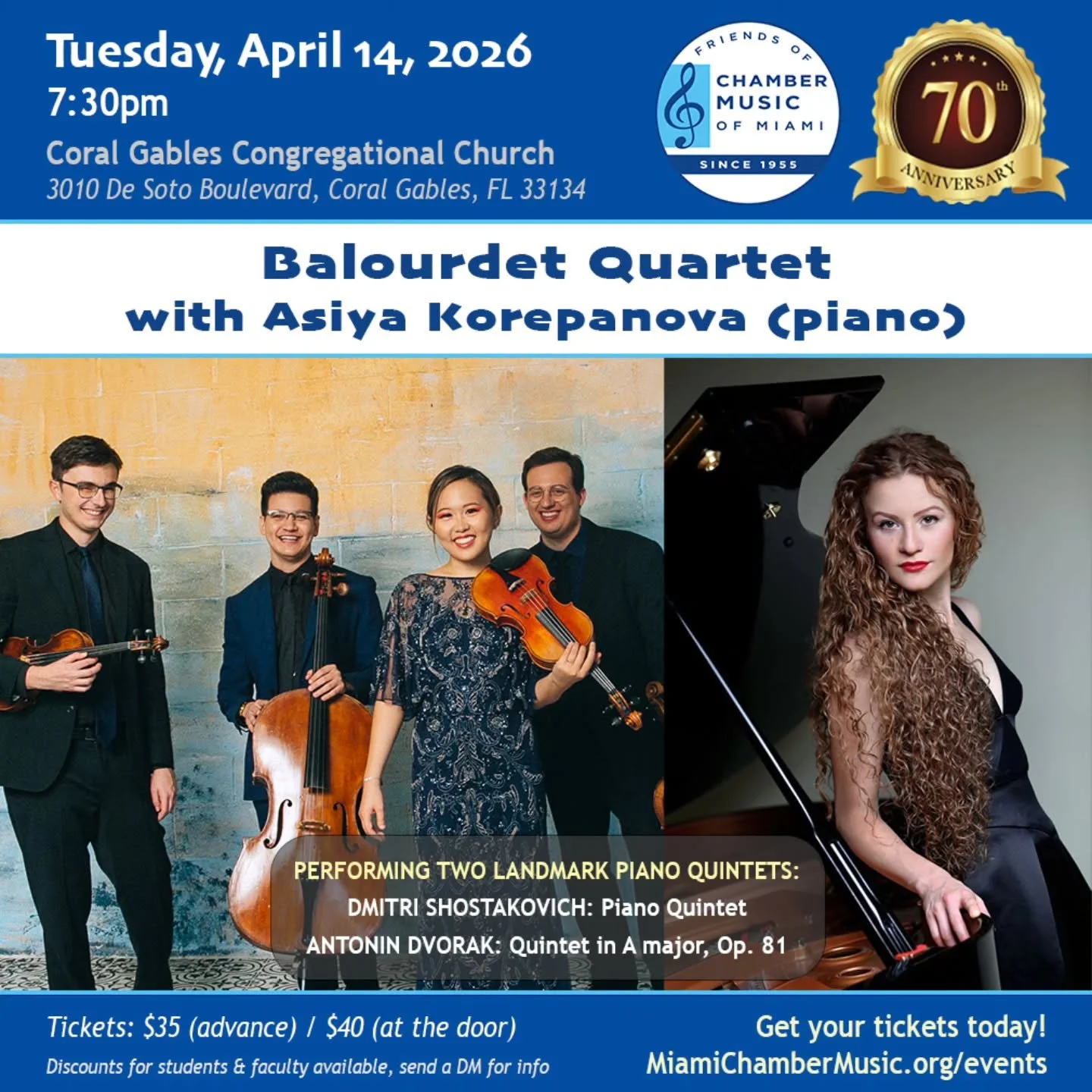 Up Next: Balourdet Quartet (@balourdetquartet) with pianist Asiya Korepanova (@asiya.korepanova) will perform two landmark piano quintets composed by Dmitri Shostakovich and Anton&iacute;n Dvoř&aacute;k.

♫ The Event: Balourdet Quartet with Asiya Kor