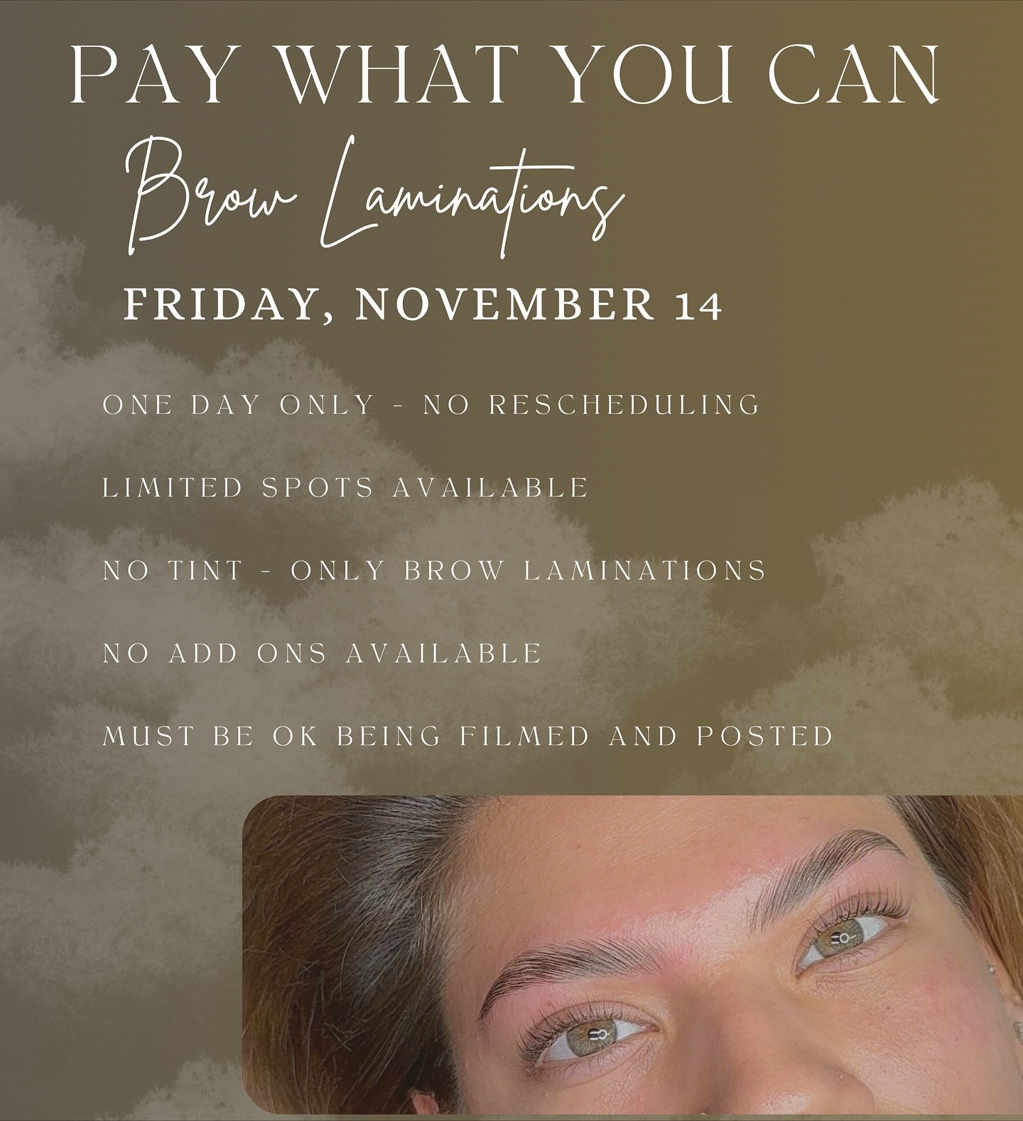 I have nothing but love for all my clients, followers and supporters 🫶🏼

With thanksgiving around the corner I want to offer my own kind of thanks to you all and have a PAY WHAT YOU CAN DAY 

It will take place Friday, Nov 14 and will be for brow l