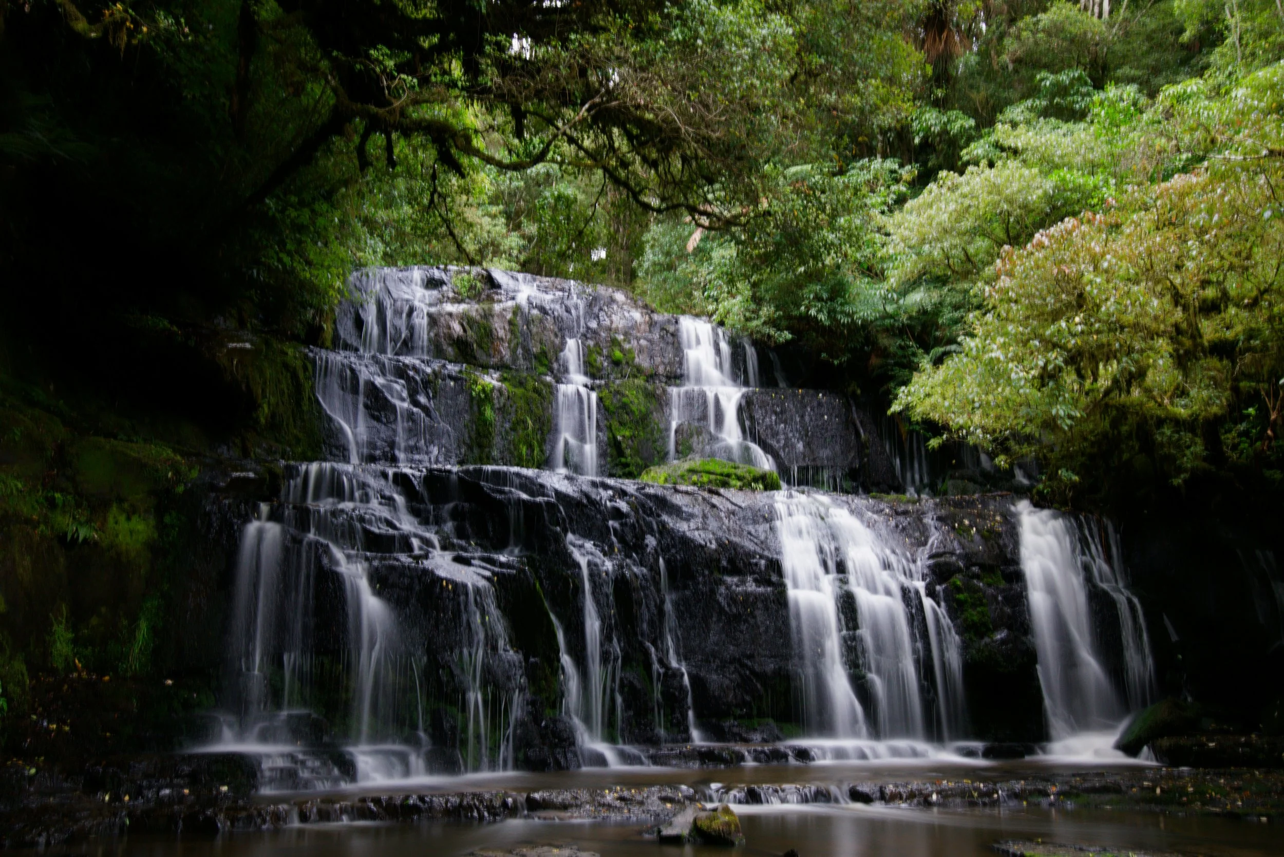 a lush waterfall in the middle of a forest in the catlins new zealand