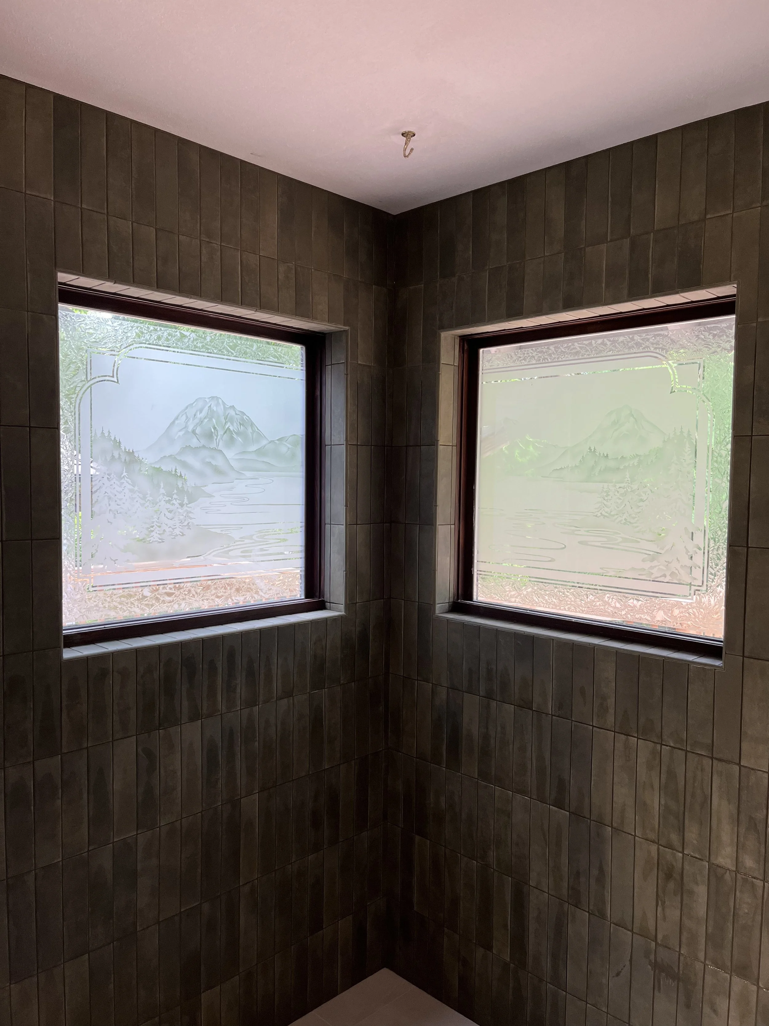 Two windows with frosted glass featuring mountain and forest landscape designs in a tiled room with a pink ceiling.