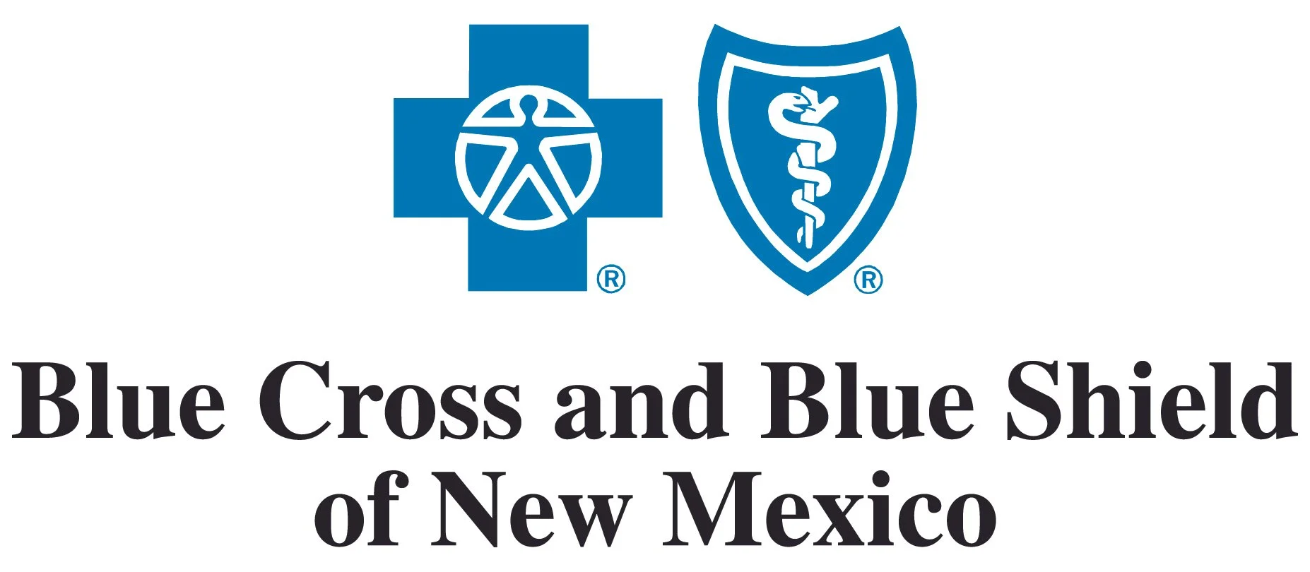 The image features two healthcare logos, one with a blue cross and a peace symbol in the center, and the other with a blue shield and a snake wrapped around a staff, representing medical services. Below the logos, there is text that reads "Blue Cross and Blue Shield of New Mexico."
