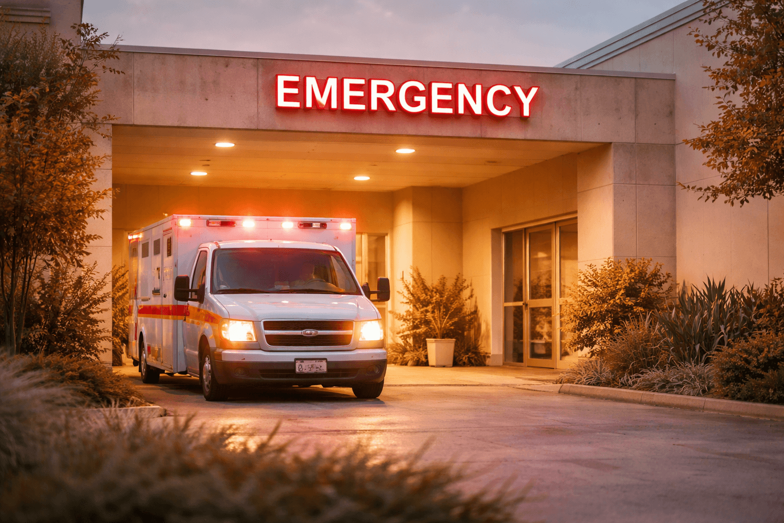 An ambulance parked outside the emergency entrance of a hospital at dusk.