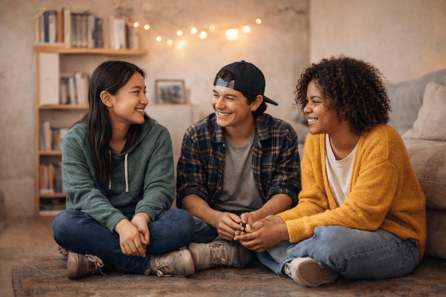 Three young friends sitting on the floor and smiling in a cozy living room with a bookshelf and string lights in the background.