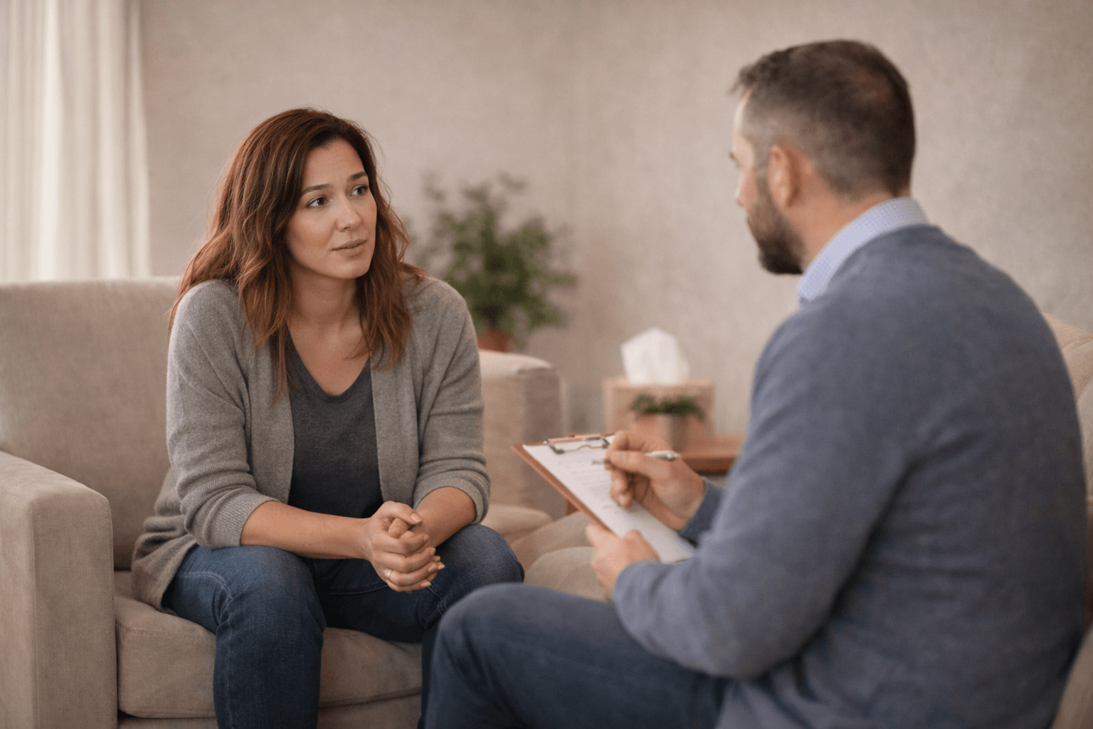 A woman in a gray cardigan and dark shirt talking to a therapist, who is holding a clipboard and pen, in a cozy office setting.