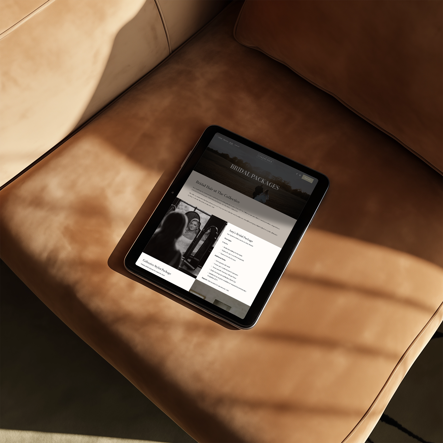 Close-up of a smartphone displaying a webpage about bridal packages, resting on a beige-colored surface with rounded edges.