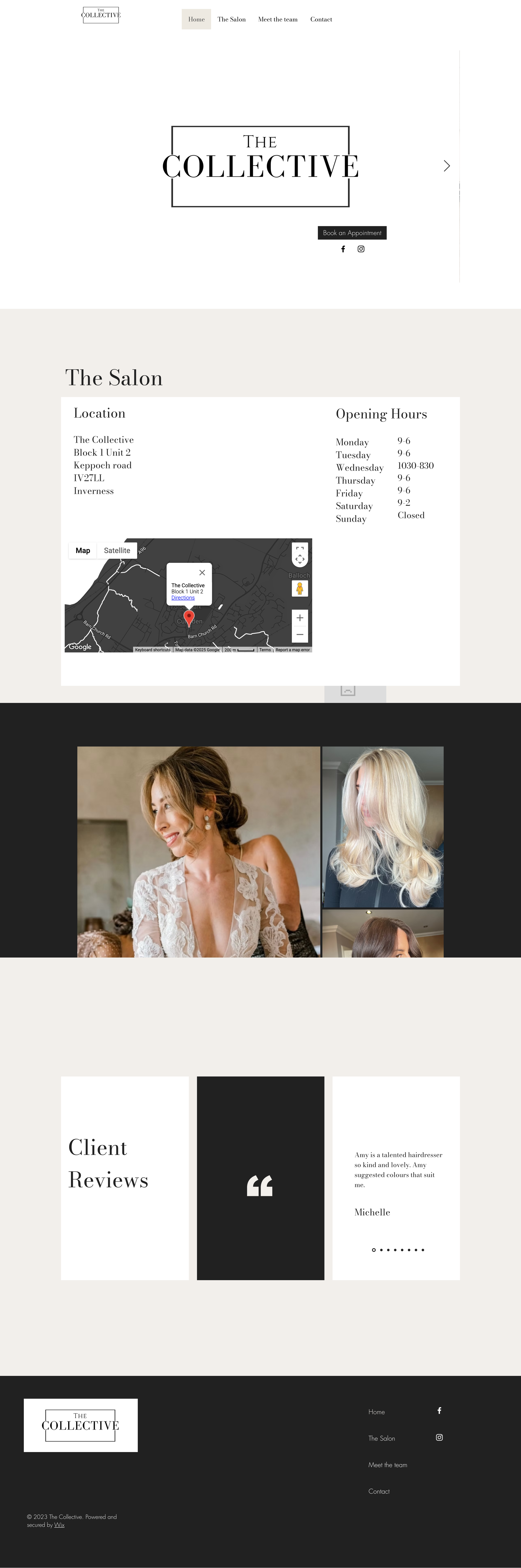 Screenshot of a website homepage for The Collective salon featuring navigation menu, salon location with hours and map, images of women with styled hair, client reviews, and footer with contact links.