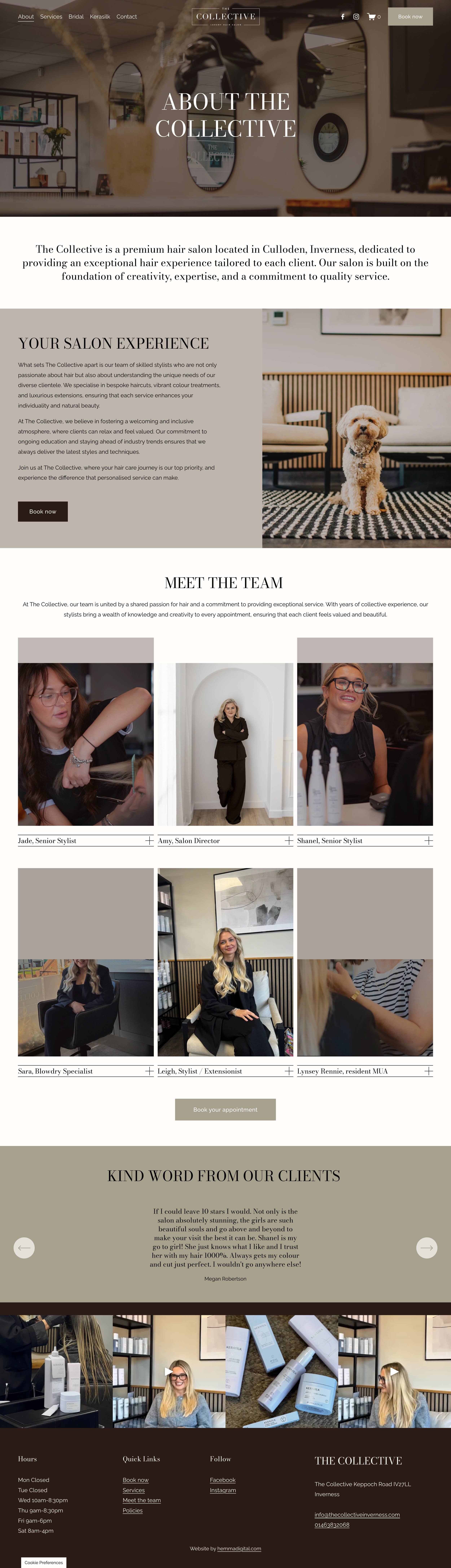 Website homepage for a hair salon called 'The Collective', featuring images of salon professionals, a dog in the salon, and products on display, with sections about services, team members, client reviews, and contact information.