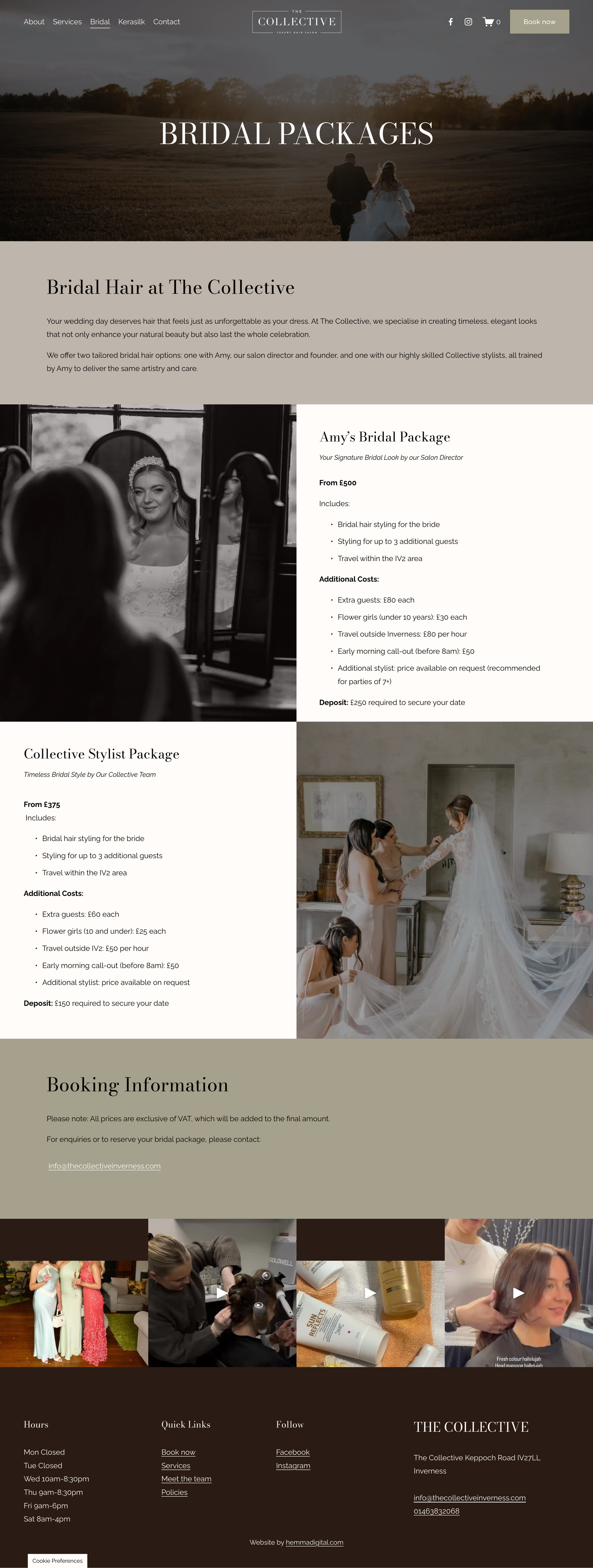 Website homepage for The Collective, offering bridal hair packages and stylist packages, featuring images of brides and hairstyling.