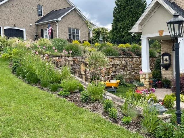 Photo of a Hillside Meadow planting with Native Wildflowers and Retaining wall by Ecoscape Virginia
