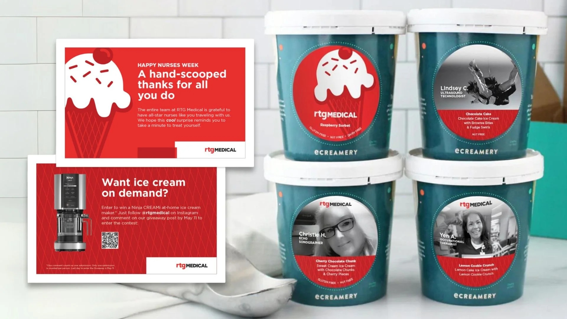 Four ice cream pints show different travelers doing different activities. Featuring real RTG travelers on the pints helped this campaign feel customized and personal.