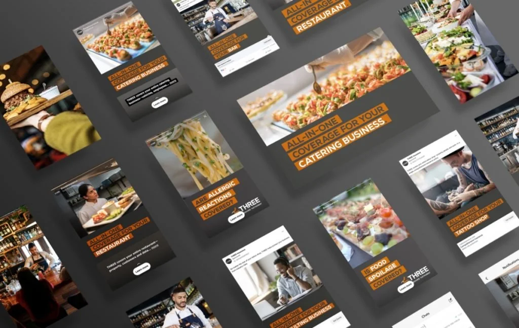 A collage of THREE ads highlight the different industries we targeted like restaurants, tattoo, catering, and bars.