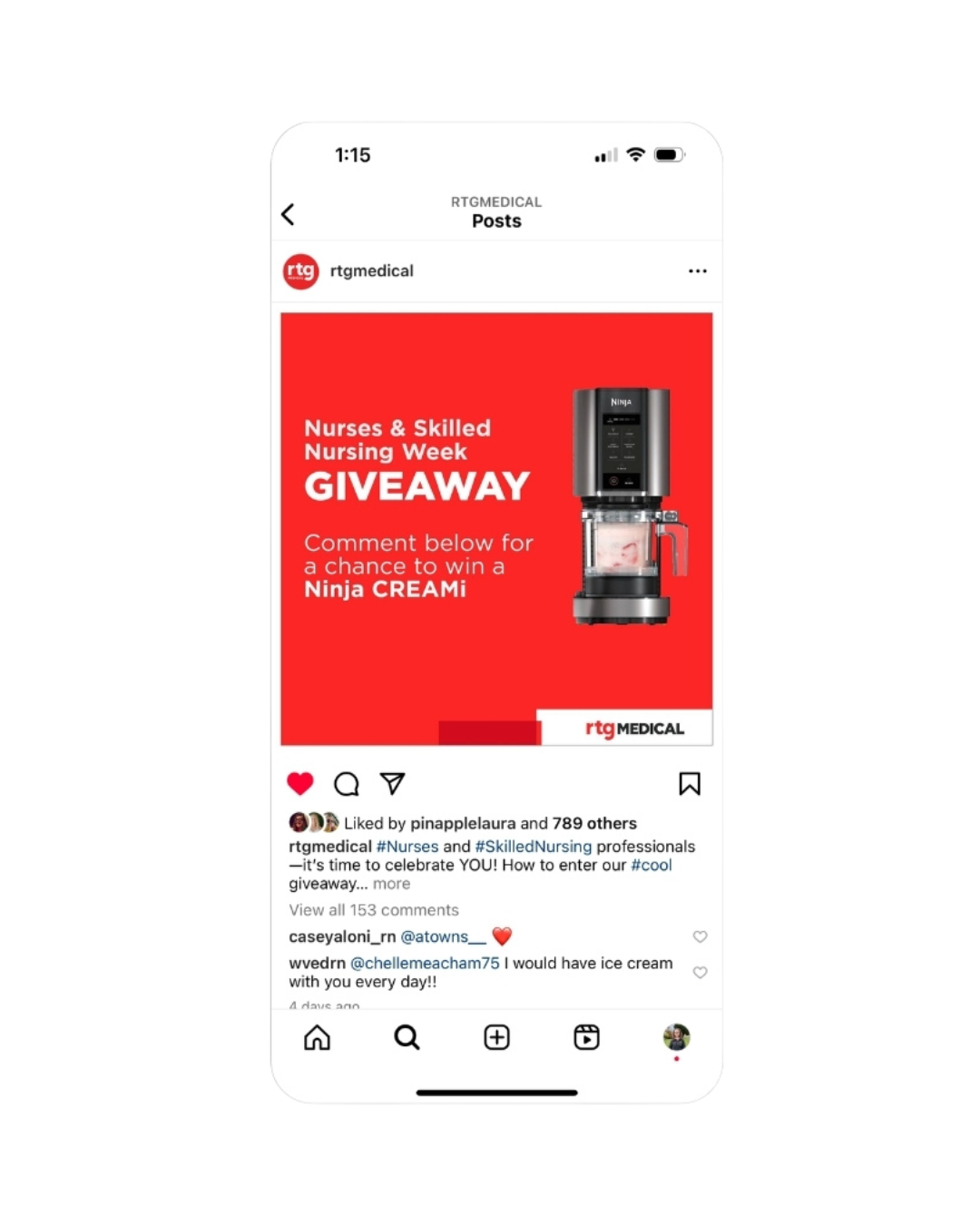 Phone mock-up 1: A photo of a Ninja Creami with copy about how to enter to win.