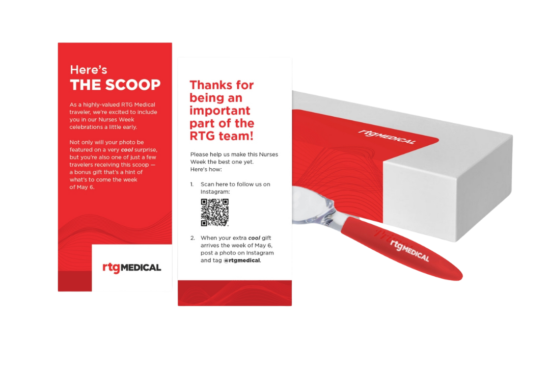 A photo shows the early gift a select gift of influencers received. A red RTG Medical ice cream scoop is next to a card explain the campaign. The headline is: Here's the scoop.
