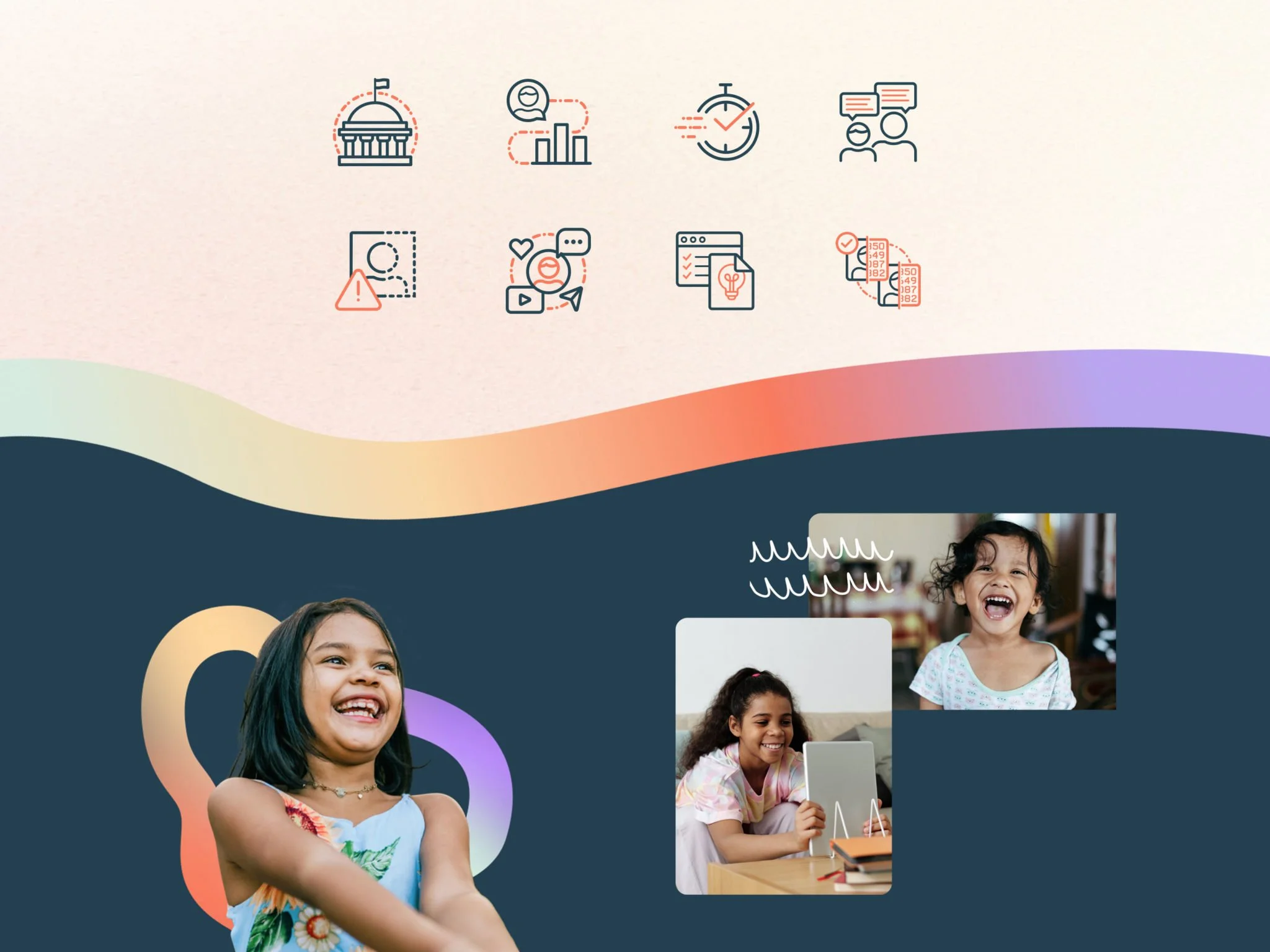 Photos of smiling children are surrounded by navy and red digital icons.