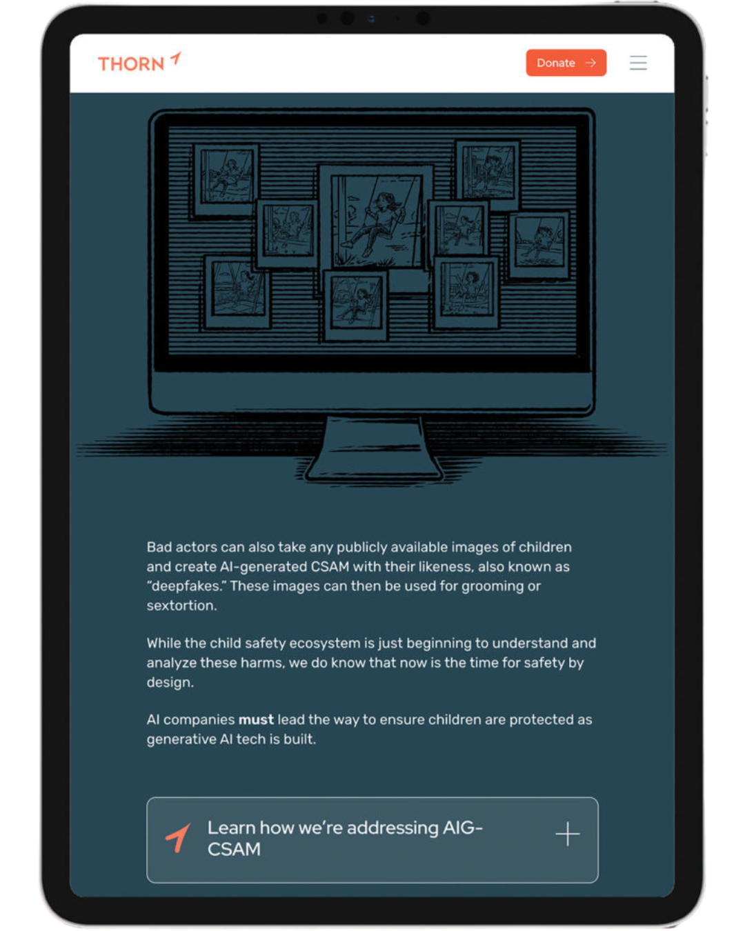 A snapshot of the Issue page is displayed on a tablet. The copy talks about AI and deepfakes.