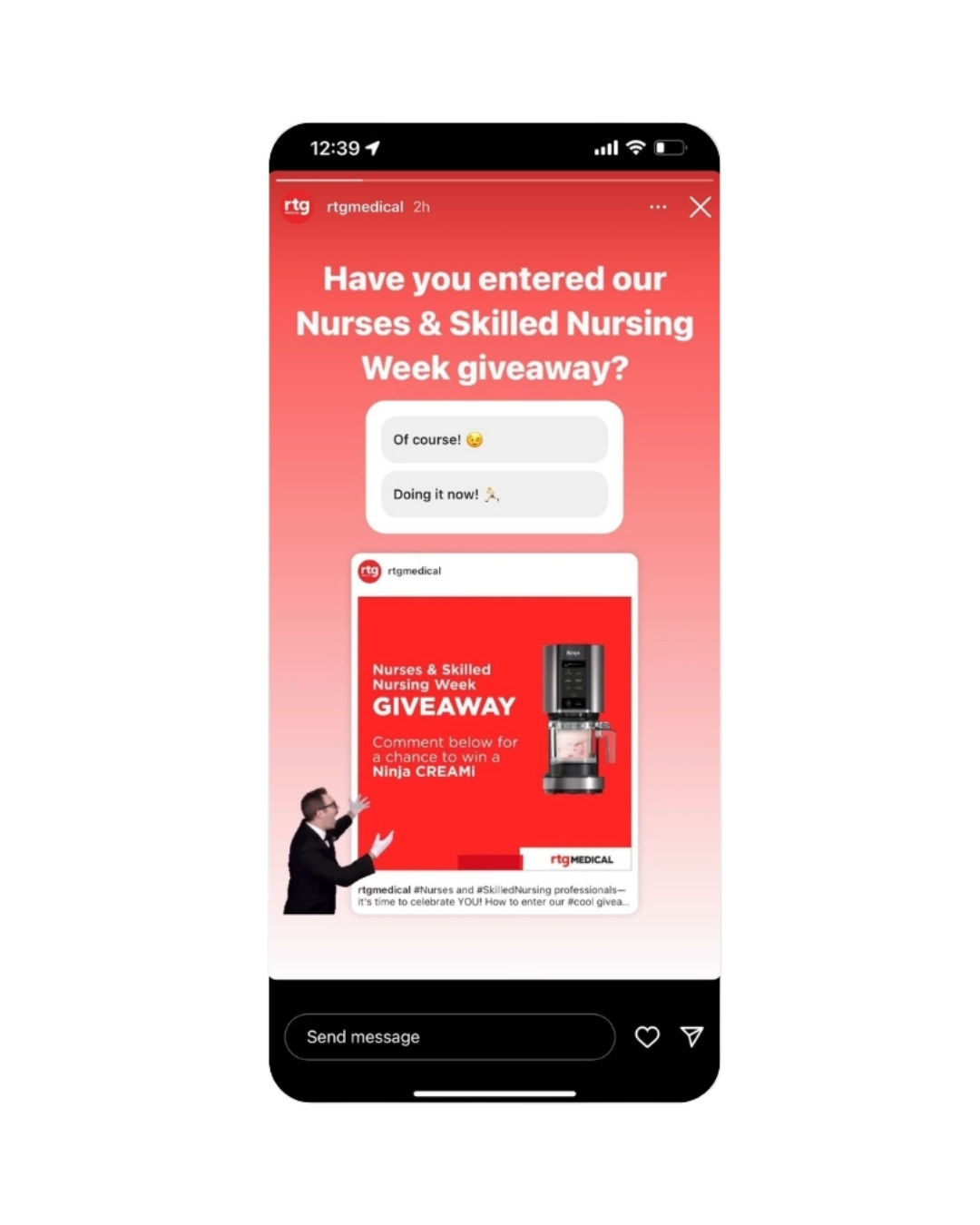 Phone mock-up 4:  A story post asks if people have entered to win the Ninja CREAMi yet.
