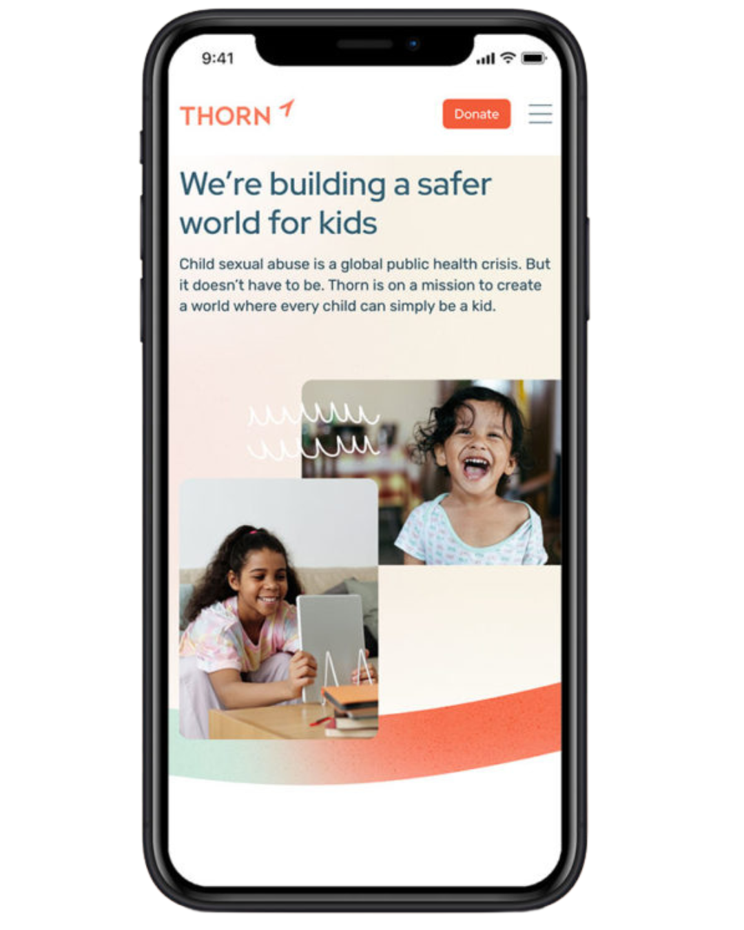 The website on a phone mock-up reads: "We're building a safer world for kids."