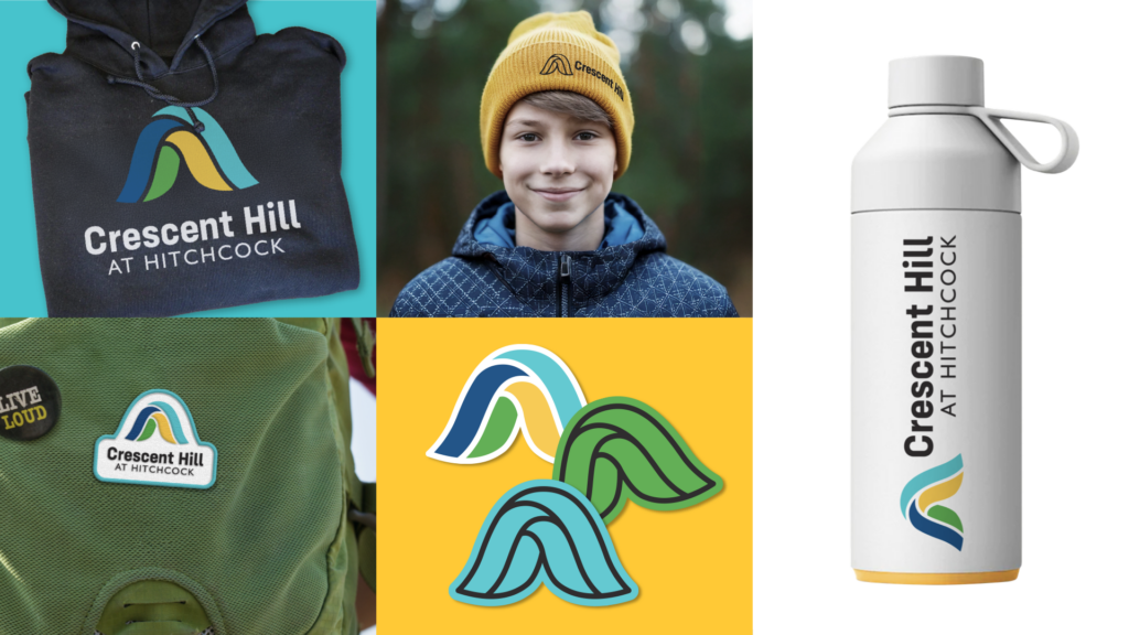A moodboard showing the new four color logo on a hoodie, water bottle, sticker and hat.