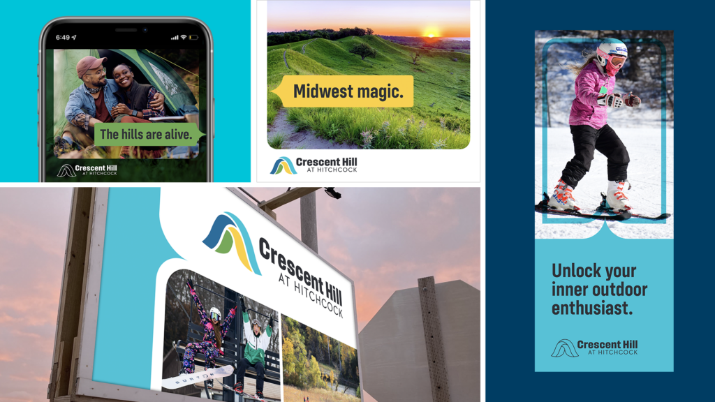 Ad 1: The hills are alive features a couple sitting in a tent. Ad 2: A photo of a sunrise over the Loess Hills reads, "Midwest Magic." Ad 4: Below a photo of a child skiing reads, "Unlock your inner outdoor enthusiast."