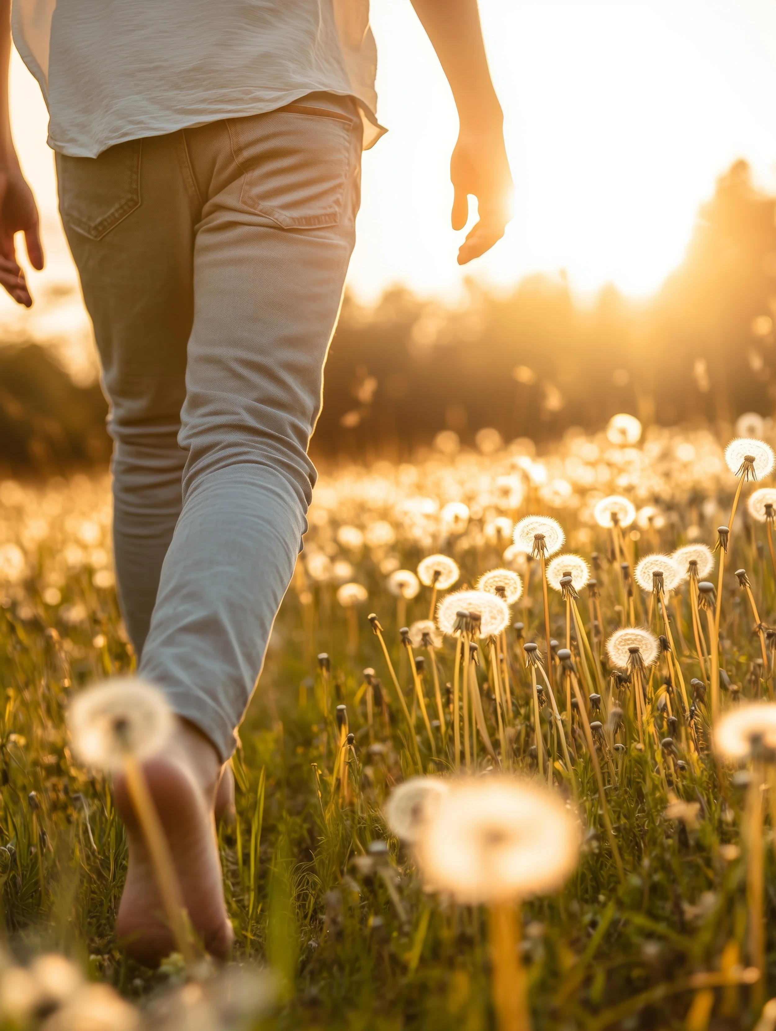 Person walking through a field of dandelions at sunset, with the sun shining brightly in the background, wearing light-colored pants and a white shirt.