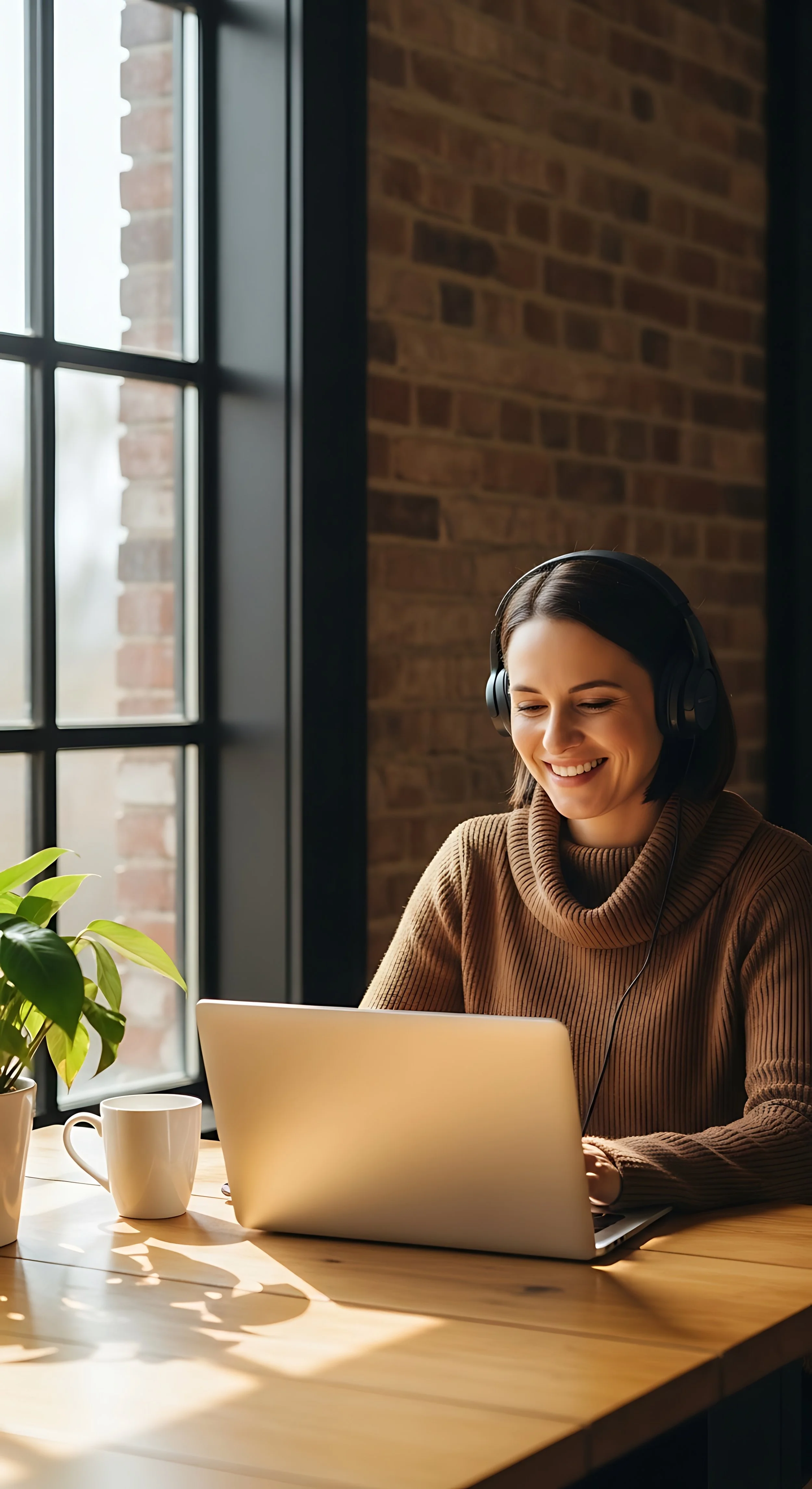 A woman wearing a brown sweater and headphones, smiling as she works on a laptop at a wooden table near a window with sunlight and potted plants.
