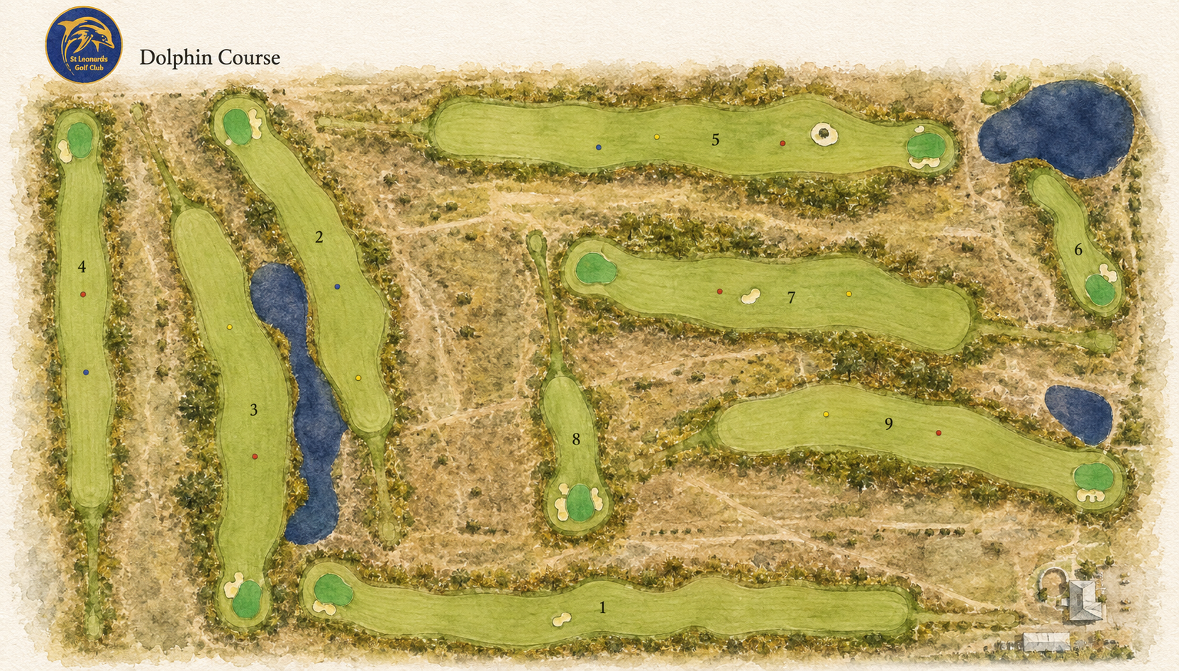 Map of St Leonards Golf Course with numbered holes, water hazards, sand traps, and surrounding trees.
