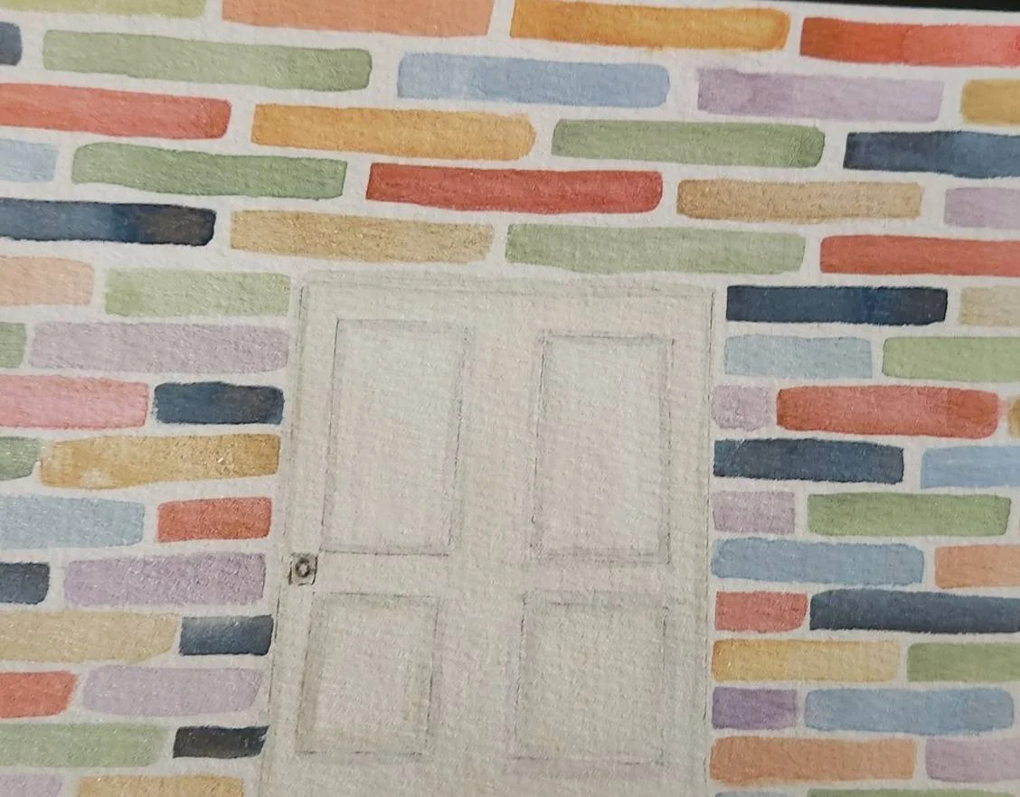 Mindful Mediation - getting though a brick wall / this piece  was created with a purpose of breathing though each painting strop and the door symbolizing the strength to get though touch barriers. ( medium - water color) 