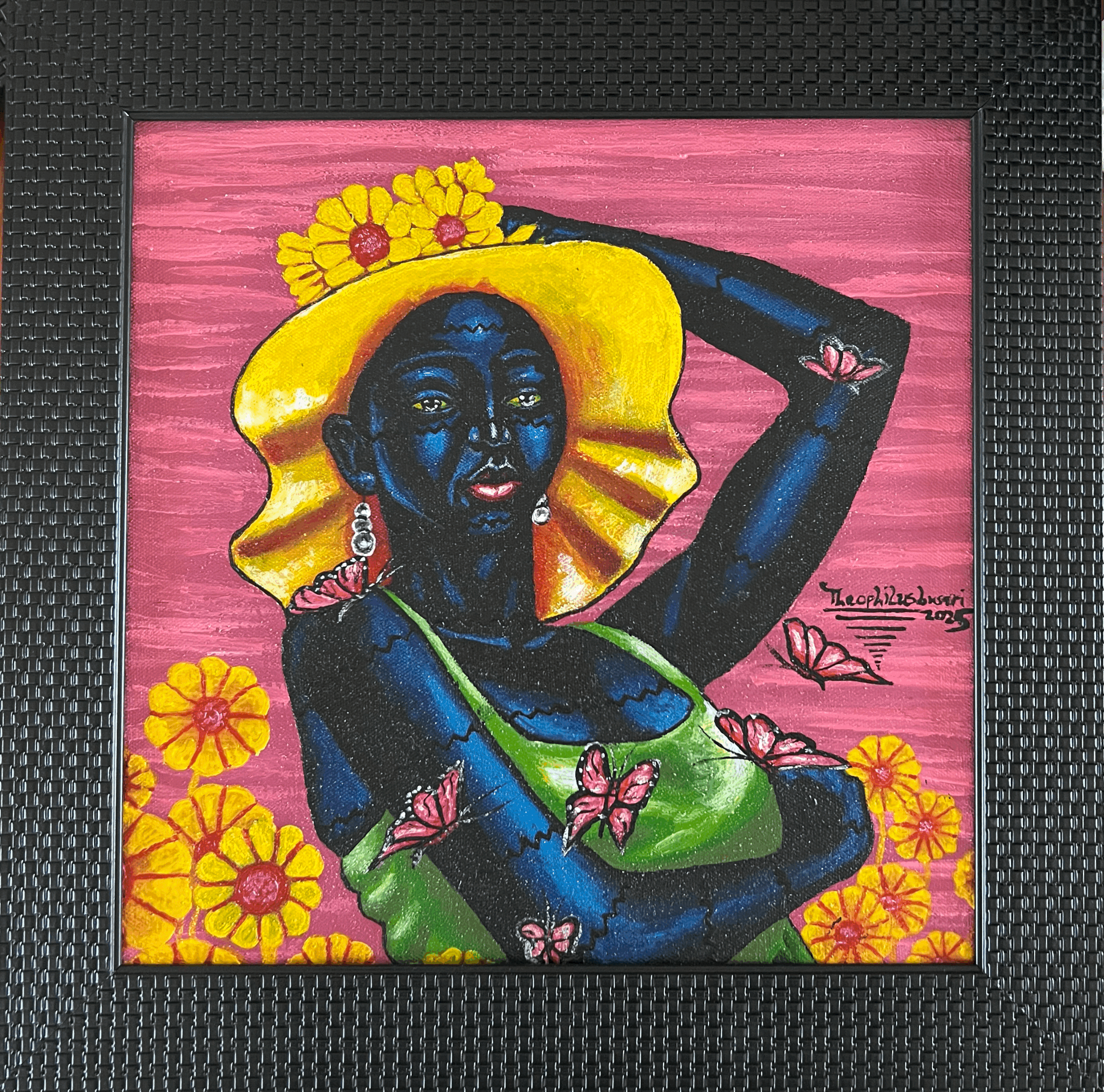 A painting of a woman with a deep blue complexion wearing a yellow hat adorned with flowers. She is set against a pink background surrounded by yellow flowers and pink butterflies.