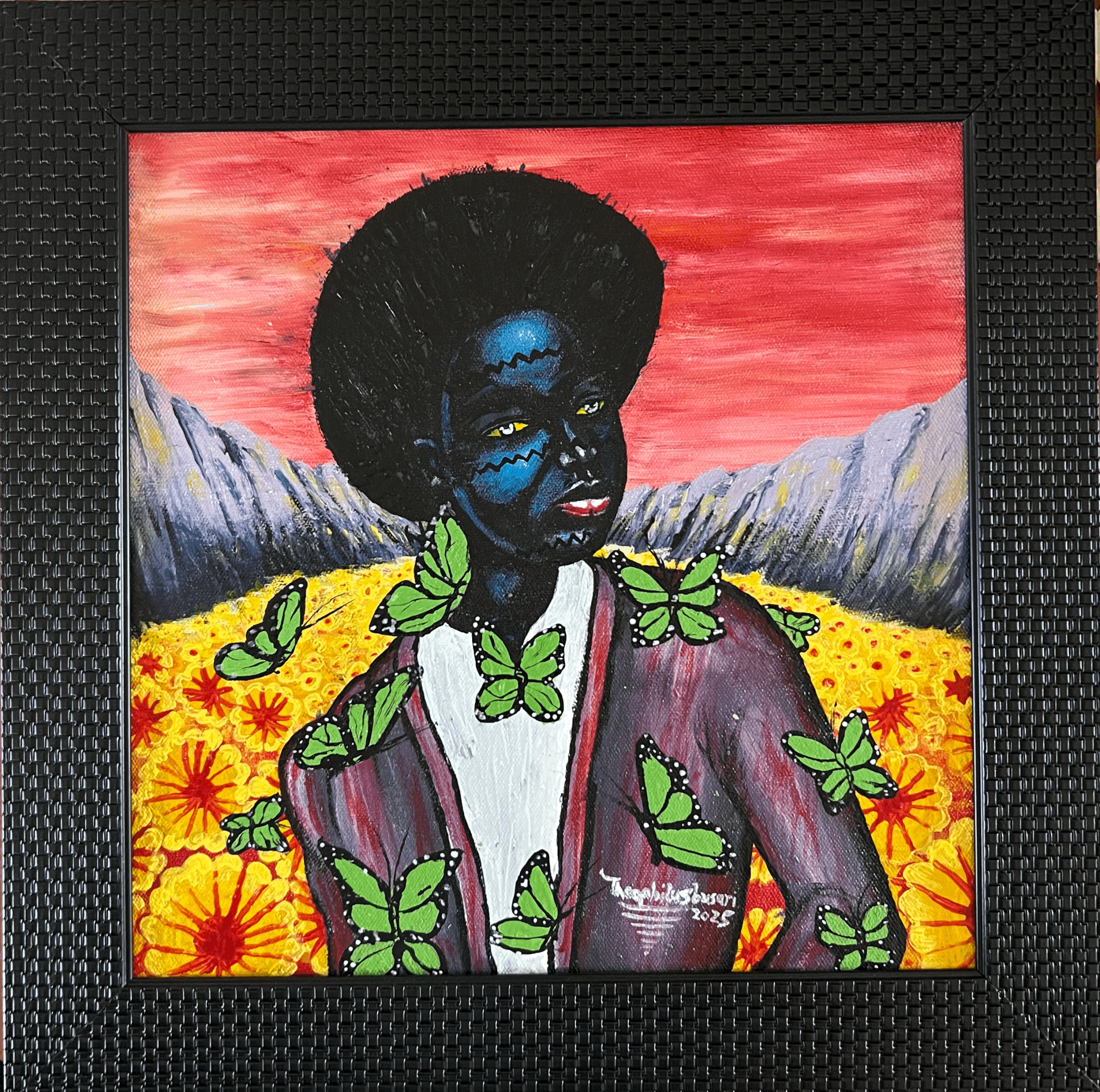 Painting of a man with deep blue skin and an afro, surrounded by green butterflies. He wears a red-purple jacket in a vibrant field of yellow flowers with mountains under a red sky.
