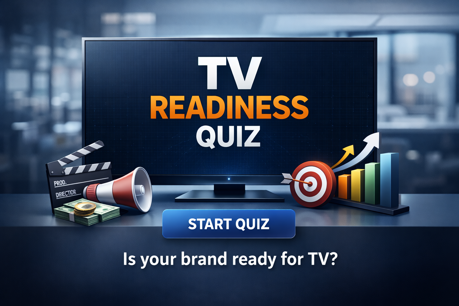 Interactive TV readiness quiz helping businesses determine if their brand is prepared for television advertising campaigns.
