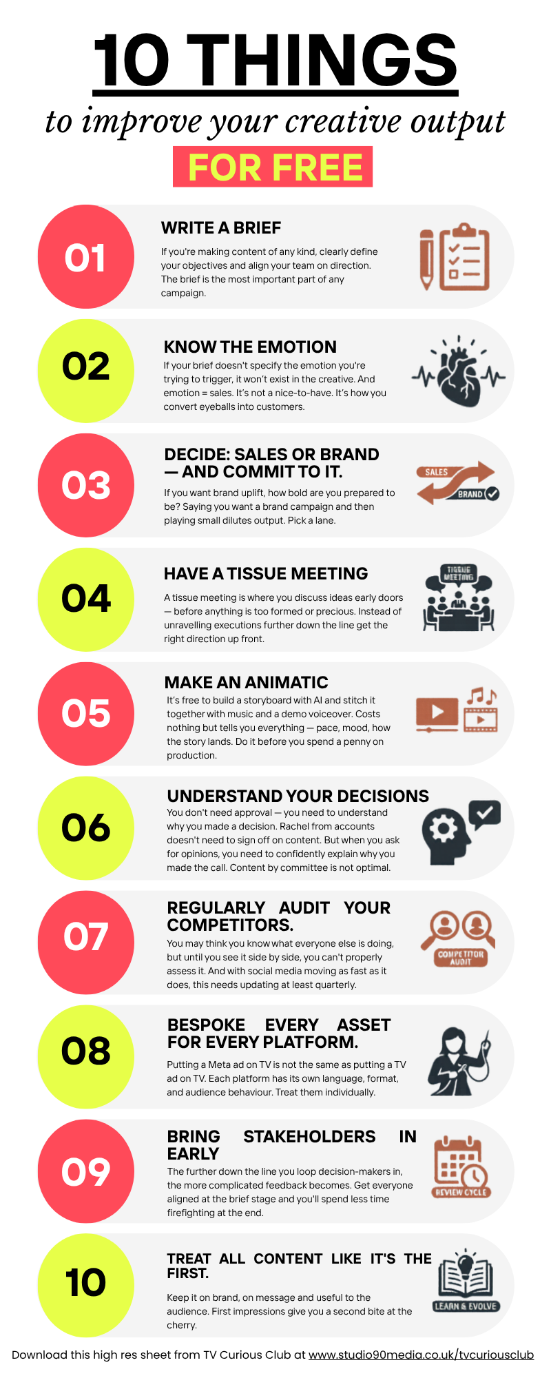 Creative marketing tips guide with ten ways to improve advertising creative output, campaign ideas, and brand storytelling.