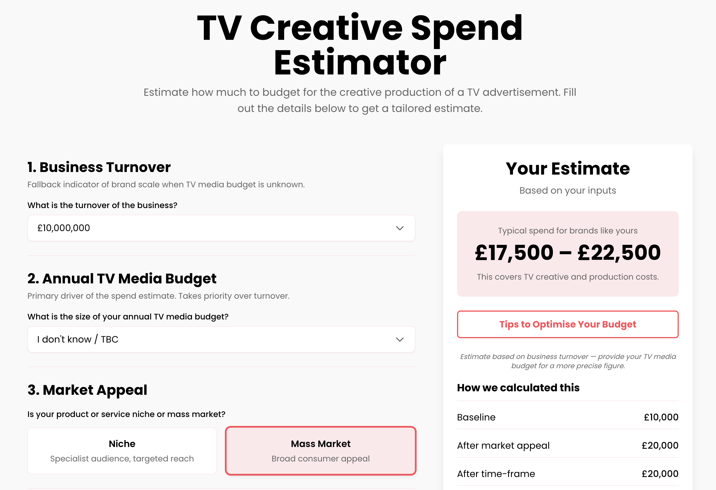 TV advertising creative spend calculator estimating production budgets for television commercials and video marketing campaigns.