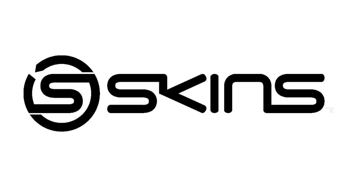 The logo of SKINS, a sports apparel brand, featuring a stylized circular emblem with the letter 'S' inside and the word 'SKINS' written in modern black font.