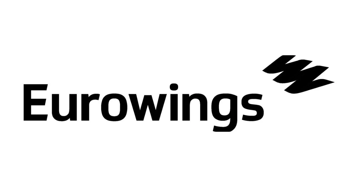 Black text 'Eurowings' with three stylized black wings above the letter 'i' on a white background.