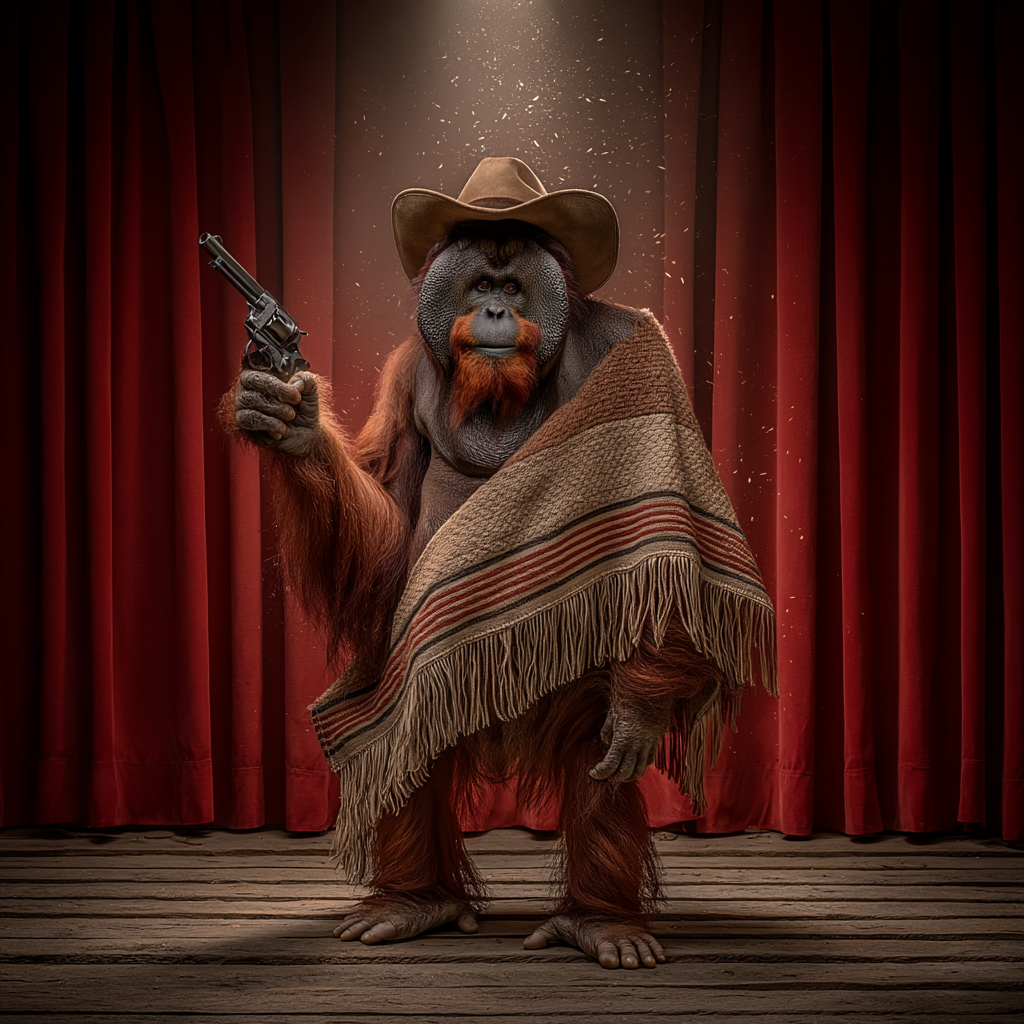 An orangutan in a cowboy hat with poncho, revolver, and smoldering cigar channels a spaghetti western gunslinger—because LinkedIn impressions, like great impressions, win the standoff by striking fast and memorable.