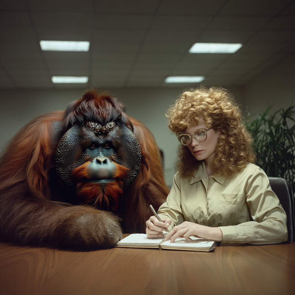 An orangutan sits beside a focused office worker as she takes notes, like keyword research collaborating with human insight to shape an ultimate guide for blog posts that truly resonates.