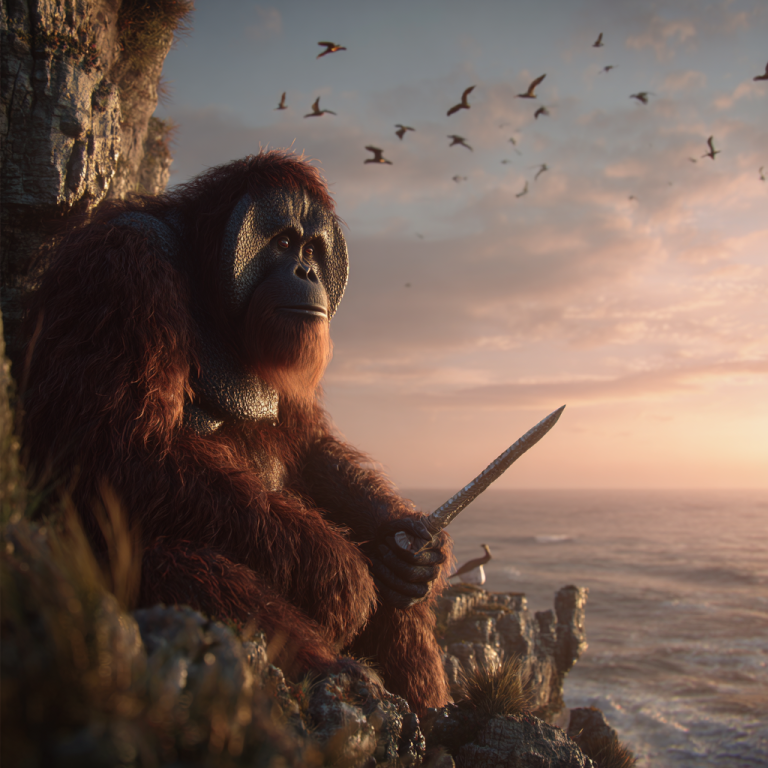 An orangutan pirate sits on a cliff clutching a blade at sunset, like an overdrawn director’s loan account waiting for the inevitable reckoning on the horizon.