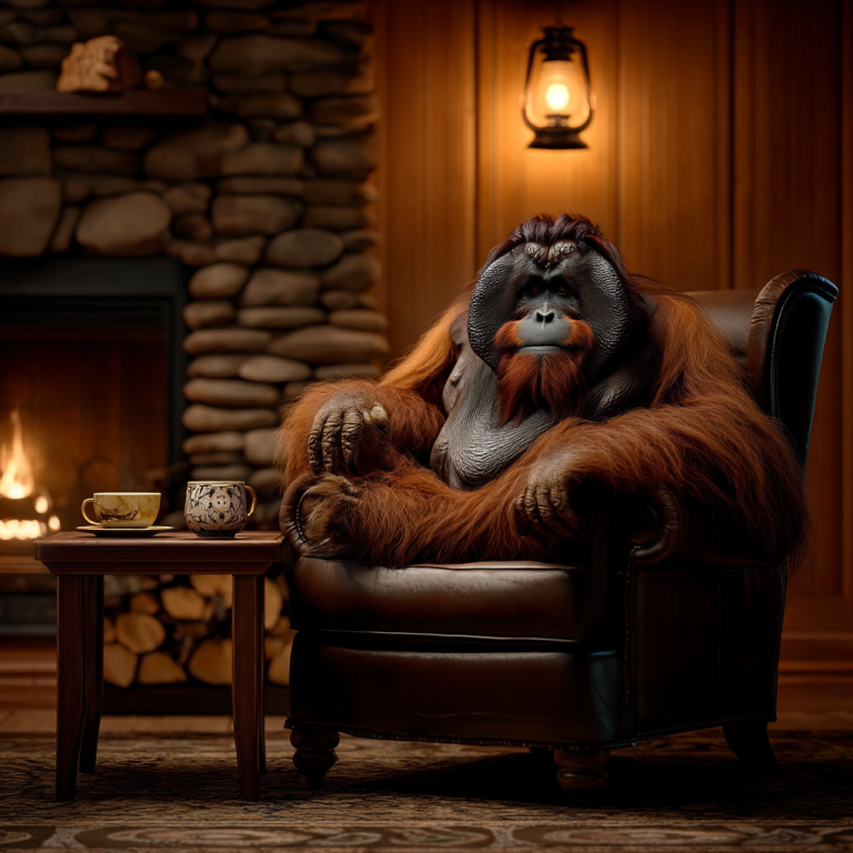 An orangutan lounging in a leather armchair by a glowing fireplace, illustrating how a vision statement settles you into purpose with the same grounded calm.