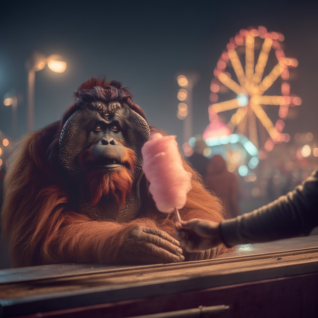 An orangutan at a fairground stall reaches out to take a stick of pink candyfloss being handed over by a vendor, with neon lights and a ferris wheel glowing in the background.