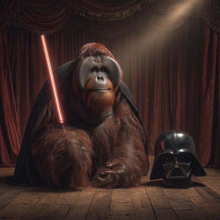 An orangutan cloaked in black grips a glowing red lightsaber beside Vader’s helmet—showing that LinkedIn impressions, like great impressions, wield real power when they command attention.