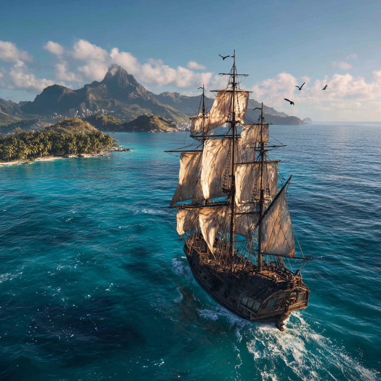A weathered pirate ship sails toward a lush island, like an overdrawn director’s loan account chasing safe harbour before the tide of tax catches up.