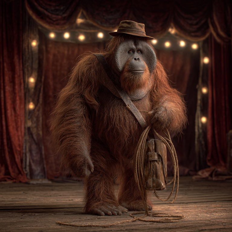 An orangutan in a fedora with whip in hand channels Indiana Jones—proving LinkedIn impressions, like great impressions, spark adventure by making the audience lean in for more.