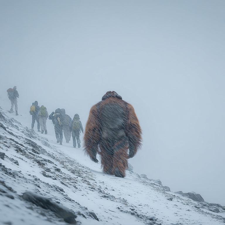 An orangutan trudges uphill through a snowstorm ahead of a human team, like SWOT analysis clarifying strengths, weaknesses, opportunities, and threats so leaders can move forward with direction despite harsh conditions.