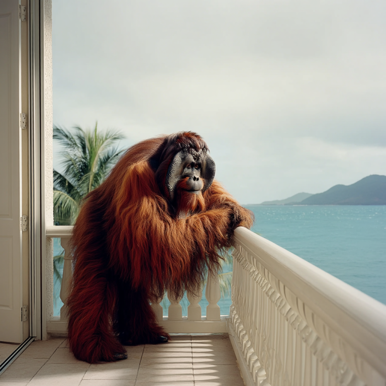 An orangutan leans on a seaside balcony gazing at the horizon, like a content marketing strategy that steps back, studies the landscape, and plans for long-term reach instead of chasing quick wins.