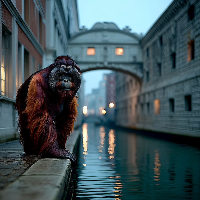 Orangutan pauses on a narrow canal edge beneath a looming bridge at dusk, like asking “Is LinkedIn Premium worth it?” while deciding whether the next step leads to insight or just deeper water.