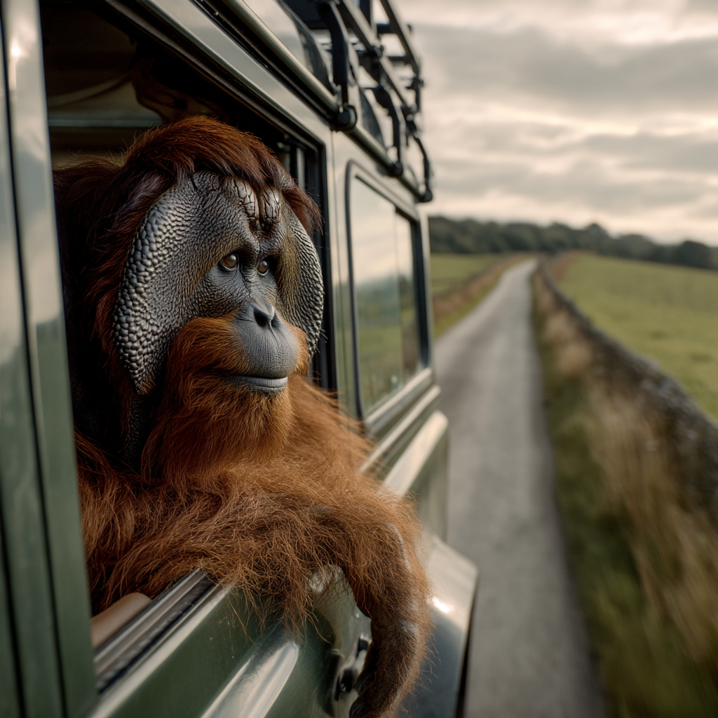 An orangutan leans out of a moving vehicle, watching a quiet road unfold, like how to submit your blog to search engines—put it on the right route, keep it accessible, and let visibility grow mile by mile.