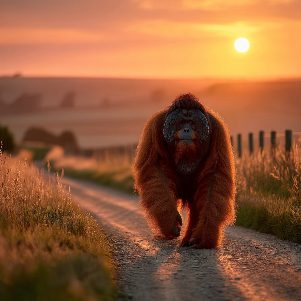 An orangutan walks steadily down a sunlit country road at golden hour, like the best keyword generator for blog content—moving with clarity toward high-impact ideas as the noise fades behind.